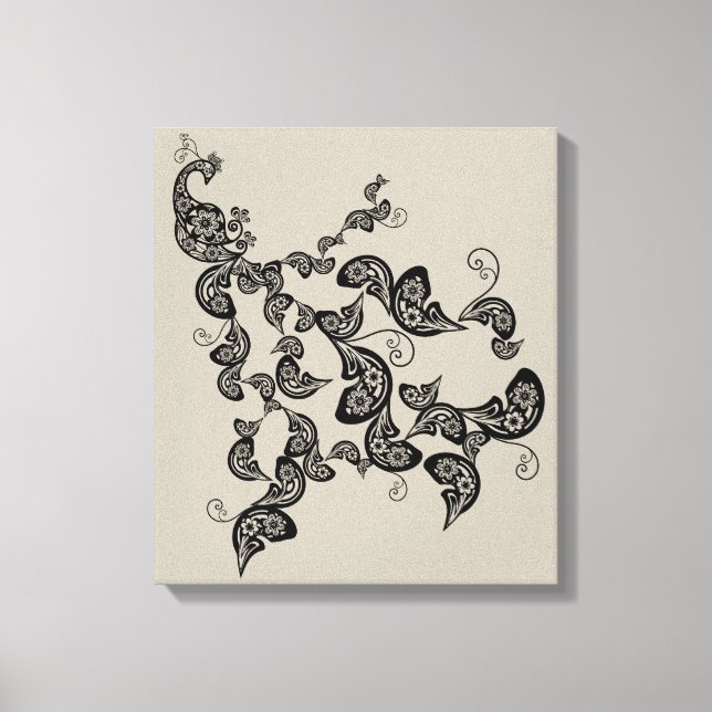 Black Floral Peacock Deco Art Canvas Print (Front)
