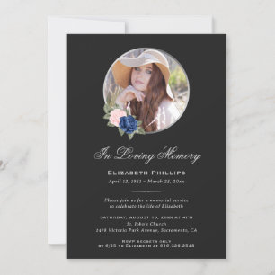 Black Floral Photo Memorial Service Funeral Invitation