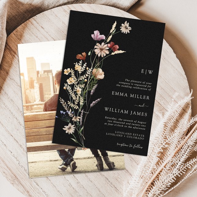 Black Floral Photo Wedding Invitation (Mongoram Black Boho Floral Photo Wedding Invitation by Painted Paperie)