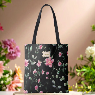 Black Floral pink Flowers pattern Trendy Classic Tote Bag