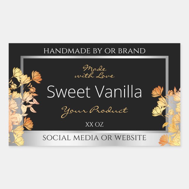 Black Floral Product Packaging Label Orange Silver (Front)