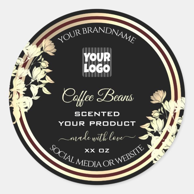 Black Floral Product Packaging Labels Logo Gold (Front)