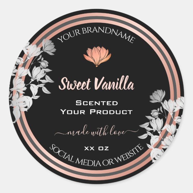Black Floral Product Packaging Labels Rose Gold (Front)
