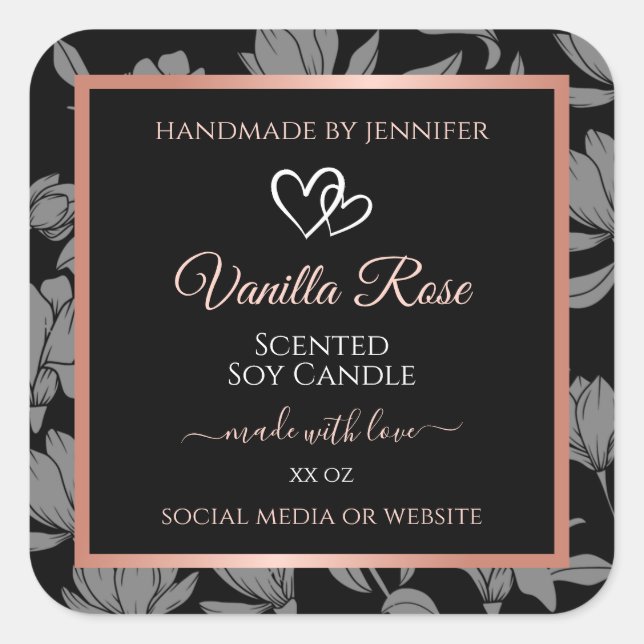 Black Floral Product Packaging Labels Rose Gold (Front)