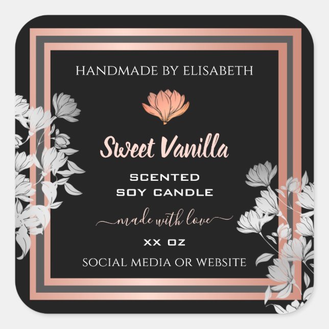 Black Floral Product Packaging Labels Rose Gold (Front)