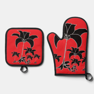 Black Floral Red Oven Mitt & Pot Holder Set
