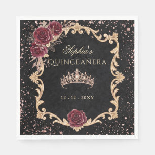 Black Floral Red Rose Gold Tiara Photo Quinceanera Napkin