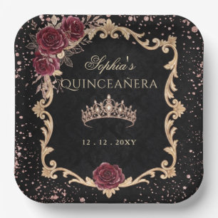 Black Floral Red Rose Gold Tiara Photo Quinceanera Paper Plate
