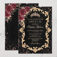 Black Floral Red Roses Gold Tiara Sweet 16