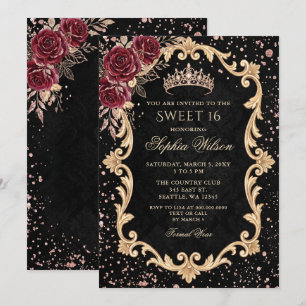 Black Floral Red Roses Gold Tiara Sweet 16 Invitation