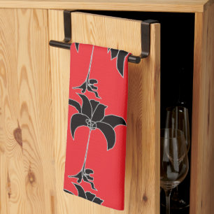  Black Floral Red  Tea Towel