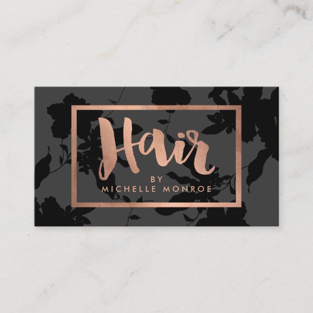 Black Floral Rose Gold Text Hair Stylist Business Card (Front)