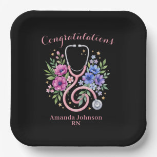 Black Floral Rose Graduation Paper Plate