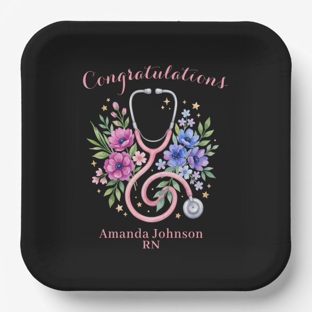 Black Floral Rose Graduation Paper Plate (Front)