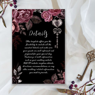 Black Floral Roses Dark Gothic Wedding Details Enclosure Card