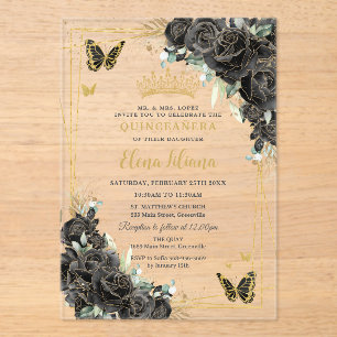 Black Floral Roses Gold Butterflies Quinceanera 15 Acrylic Invitations