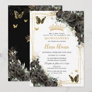 Black Floral Roses Gold Butterflies Quinceanera 15 Invitation