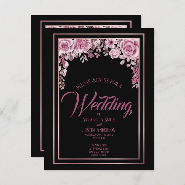 Black Floral Roses Gold Script Elegant Wedding Invitation (Front/Back)