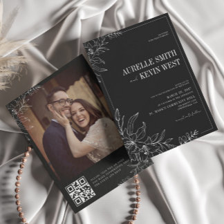 Black Floral Rustic Elegant Photo Back QR Wedding Invitation