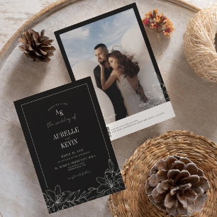 Black Floral Rustic Monogram Photo QR Wedding Invitation