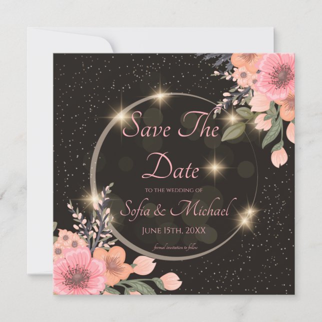 Black/floral Save the Date Invitation (Front)