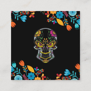Black floral Skull Tattoo Square Business Card