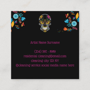 Black floral Skull Tattoo Square Business Card