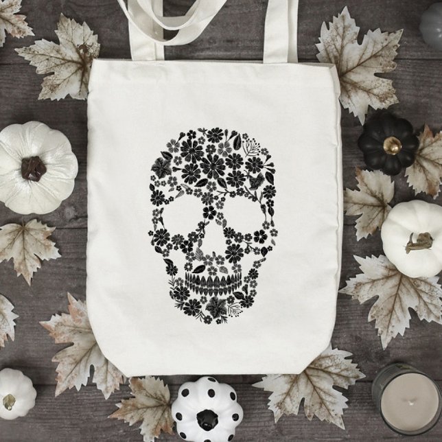 Black Floral Skull Tote Bag (Creator Uploaded)
