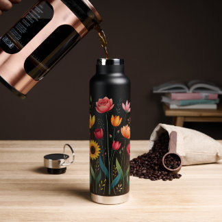 Black Floral Stainless Steel Water Bottle