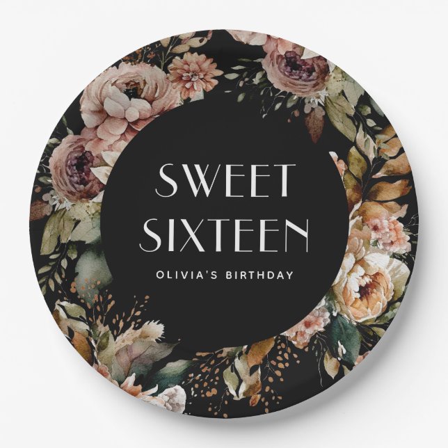 Black & Floral Sweet Sixteen | Elegant Birthday Paper Plate (Front)