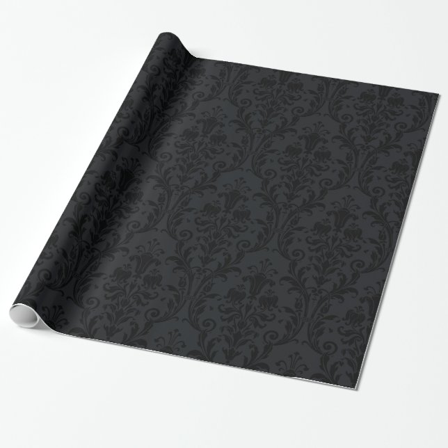 Black Floral Swirl Damask Wrapping Paper (Unrolled)