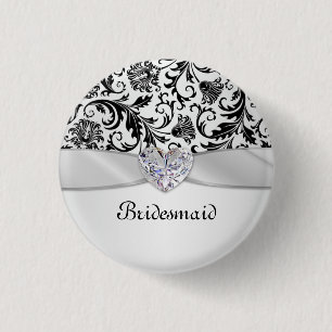 Black floral swirls damask Wedding Bridesmaid 3 Cm Round Badge