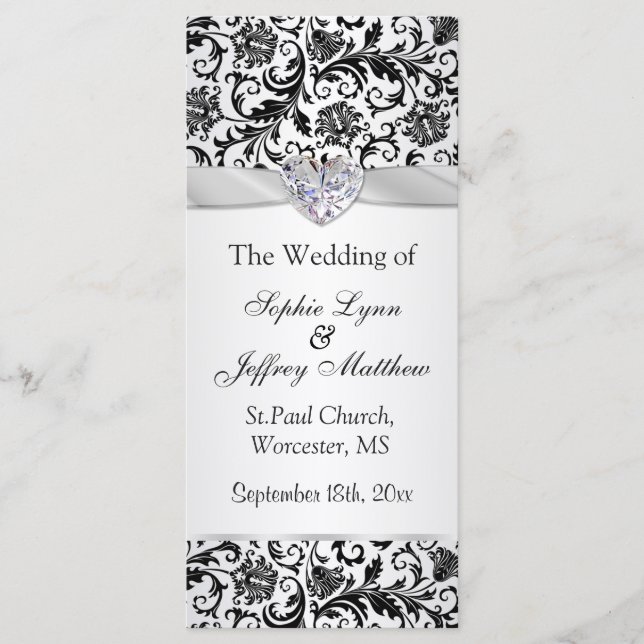 Black floral swirls on silver Wedding Program Programme (Front)