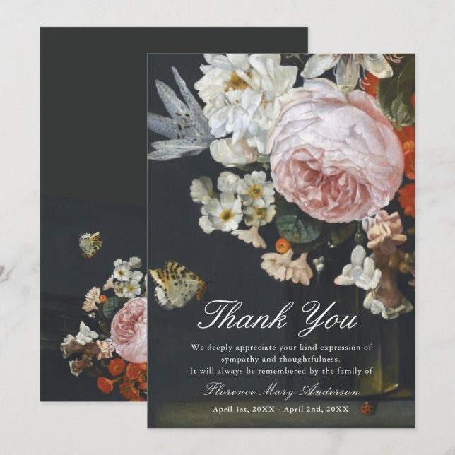 Black Floral Sympathy Memorial Thank You Card (Front/Back)