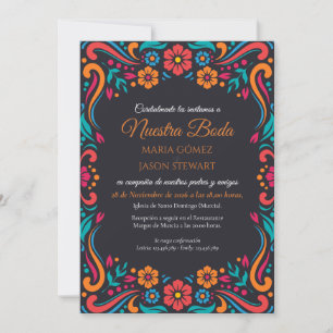 Black Floral Traditional Folk Art Spanish Wedding Invitation