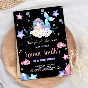 Black Floral Under the sea Mermaid Invitations