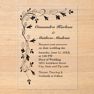 Black Floral Vine Wedding Elegant Botanical Acrylic Invitations