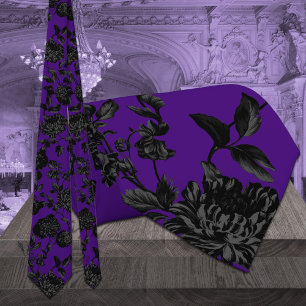 Black Floral Vine Wedding Royal Purple Tie