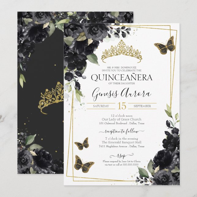 Black Floral Watercolor Gold Butterfly Quinceanera Invitation (Front/Back)