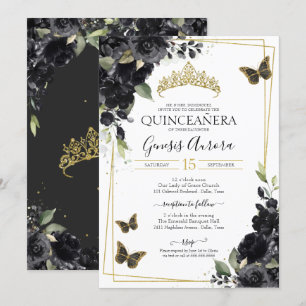 Black Floral Watercolor Gold Butterfly Quinceanera Invitation