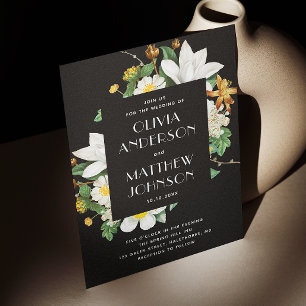 Black Floral Wedding   Botanical Evening + QR Code Invitation