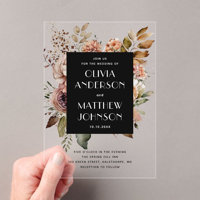 Black Floral Wedding | Elegant Boho Botanical Fall Acrylic Invitations (Insitu (Handheld))