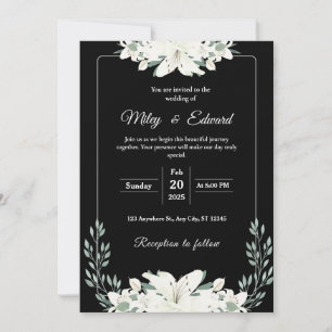 Black Floral Wedding Invitation with White Lily