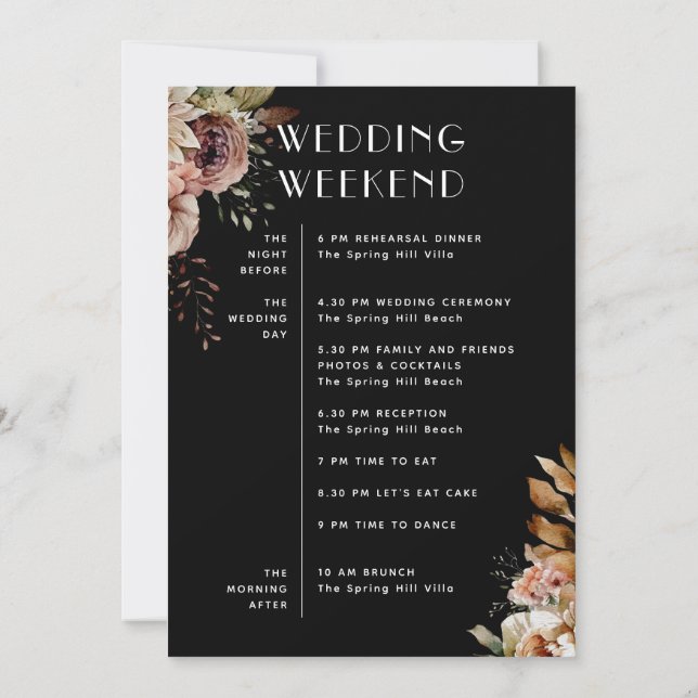 Black Floral Wedding Itinerary | Weekend Timeline Invitation (Back)