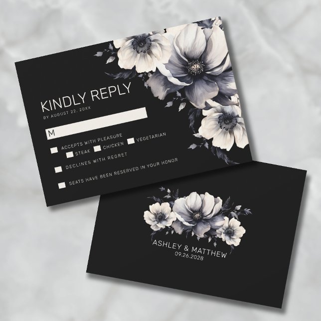 Black Floral Wedding RSVP Card (Elegant Modern Black Floral Wedding RSVP Note Card)