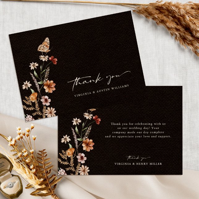 Black Floral Wedding Thank You Card (Black Floral Wedding Thank You Card with Butterfly by Painted Paperie
)