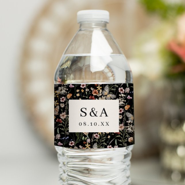 Black Floral Wedding Water Bottle Label (Black Floral Wedding Water Bottle Label Monogrammed Butterflies by Painted Paperie
)