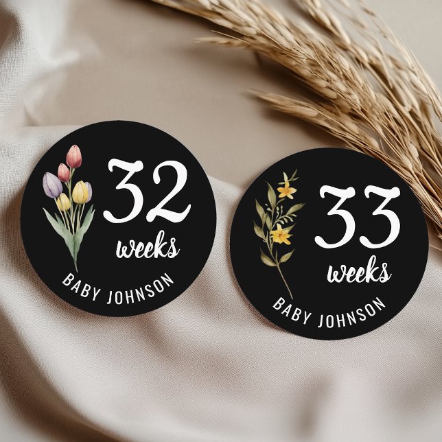 Black Floral Weeks Pregnancy Milestone Round Sign (Creator Uploaded)
