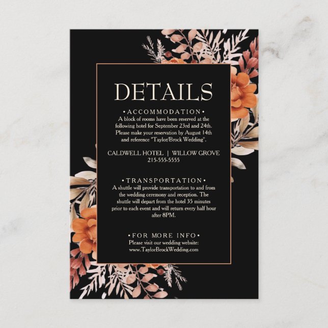 Black Floral Wildflower Fall Boho Wedding Details Enclosure Card (Front)