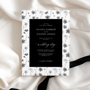 Black floral wildflower garden elegant wedding invitation